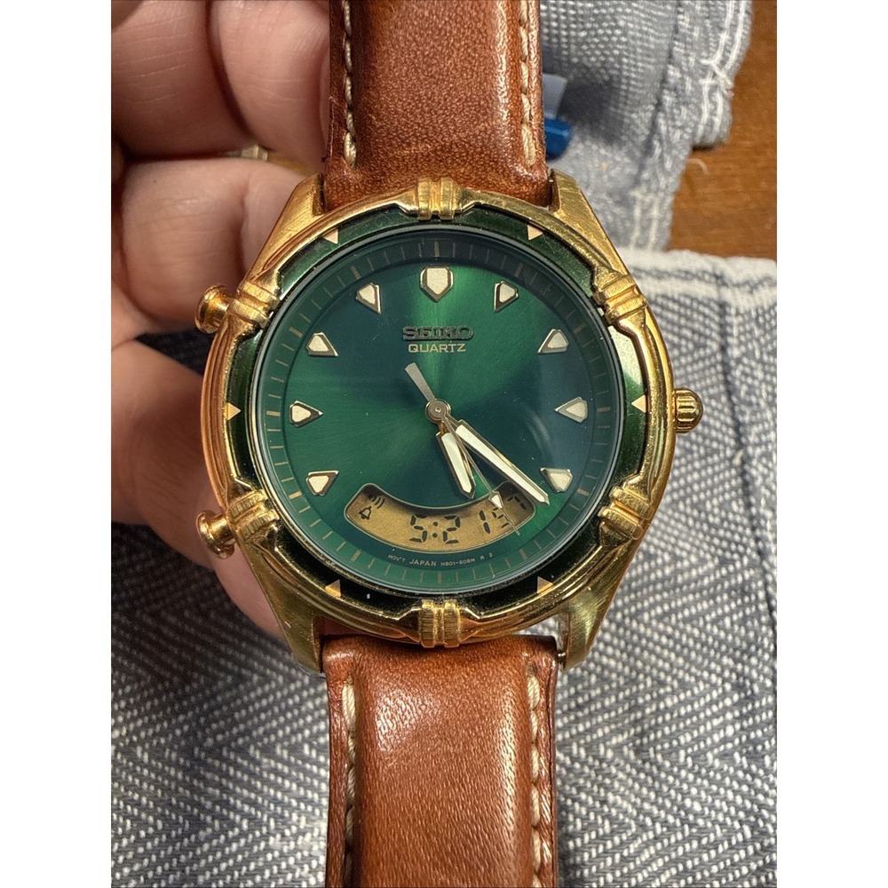 Seiko Analog Digital Watch Men 39mm Green Dial Gold Tone H801-6098 New Battery